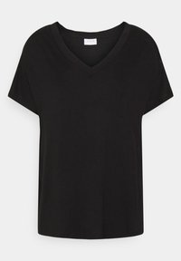 Svart kortärmad V-ringad T-shirt för kvinnor med lös passform, tillverkad av mjukt tyg, med etiketten "VILA" innanför kragen.