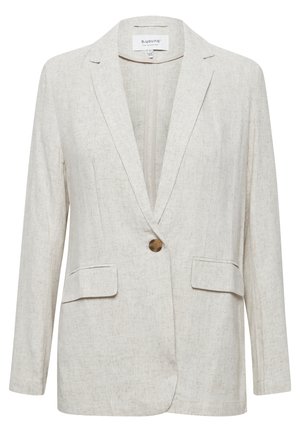 Licht beige linnen blazer met een geknipt revers, enkele knoopsluiting en twee voorzakken met een gestructureerde afwerking.
