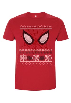 Rød bomulds t-shirt med et grafisk design med Spider-Man's øjne, indviklede hvide snefnug og spidse webs mønstre på forsiden.