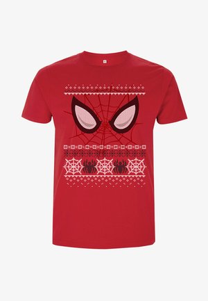 Rød bomulds t-shirt med et grafisk design med Spider-Man's øjne, indviklede hvide snefnug og spidse webs mønstre på forsiden.