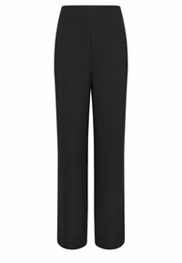 Pantalons noirs à jambes droites avec une texture lisse, taille haute et sans coutures ni motifs visibles. Fabriqués à partir d'un matériau léger et flexible.