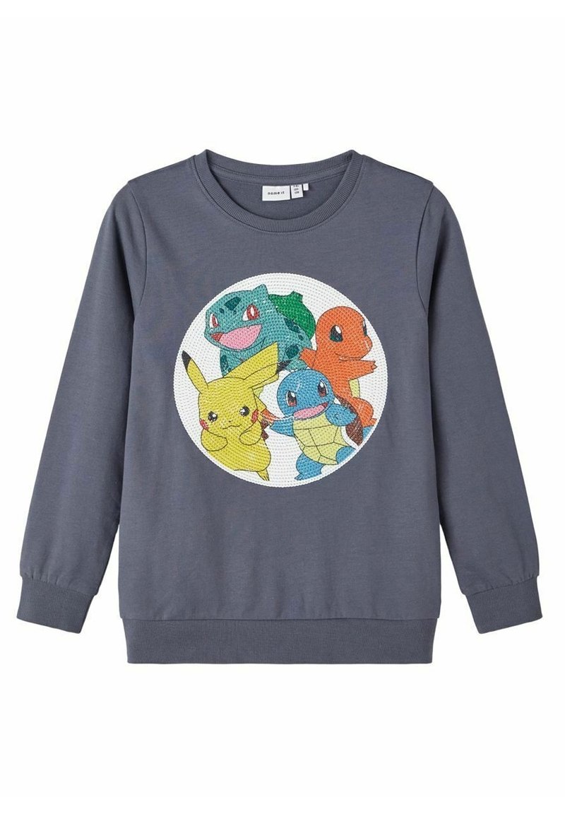 Sweatshirt gris présentant un motif circulaire avec quatre personnages Pokémon colorés : Bulbizarre, Pikachu, Carapuce et Salamèche.