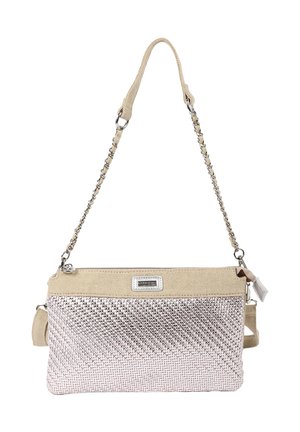 Sac bandoulière beige et argent texturé avec motif tissé, bandoulière chaîne métallique et fermeture éclair.