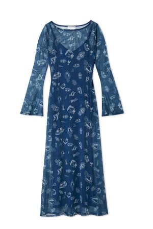 Long-sleeve, navy blue dress made of lightweight fabric, featuring a flowy silhouette and a pattern of shells and marine motifs.