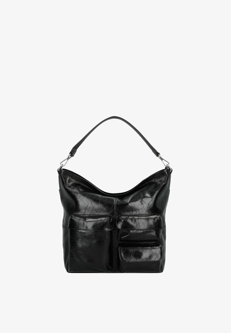 Schwarze Leder-Umhängetasche mit strukturierter Oberfläche, mit einer geschwungenen Oberseite, zwei vorderen Taschen und einem einzelnen verstellbaren Riemen.