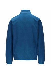 Giacca di pile blu con colletto alto, maniche lunghe e una texture uniforme. Il retro è semplice senza ulteriori dettagli.