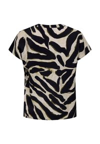 Kortermet topp i krøllet beige stoff med sterke svarte og olivenfargede zebra-striper. Rund hals og avslappet passform.