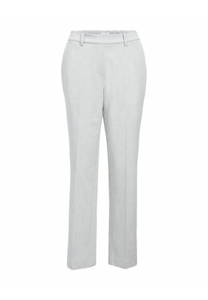 Vaaleanharmaat räätälöidyt housut suoralinjaisilla lahkeilla, vyölenkeillä ja etupuolelta taitteella, esillä valkoisella taustalla.