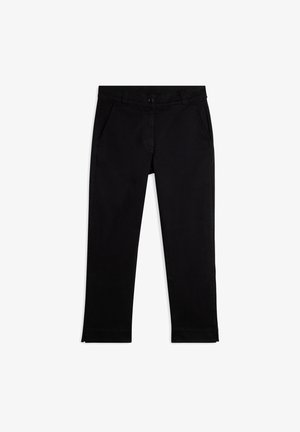 Pantalons noirs en coton avec une coupe droite, dotés de poches avant, d'une fermeture à bouton et de détails d'ourlet pour une finition soignée.