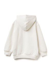 Felpa bianca con una morbida texture del tessuto, un cappuccio ampio e polsini e fascia in costina. Il retro è semplice, senza dettagli aggiuntivi.