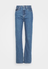 High-waisted blue denim jeans with a straight leg design, featuring five-pocket styling and a classic button fly closure.