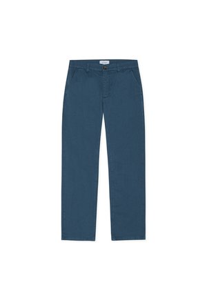 Μπλε casual παντελόνια με ίσια γραμμή, θηλιές για ζώνη, πλαϊνές τσέπες, κούμπωμα με κουμπί και ετικέτα στη μέση.