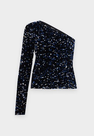 Schwarzes Samtoberteil mit einem langen Ärmel und Schulterdesign, verziert mit schimmernden Pailletten in Blau und Silber, die eine strukturierte Oberfläche schaffen.