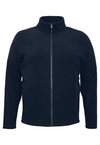 Chaqueta de forro polar azul marino con cuello alto, cremallera de longitud completa y dos bolsillos laterales, que presenta una textura suave y un branding minimalista.
