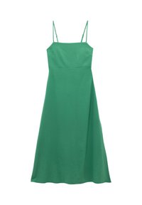 Vestido verde en línea A con tirantes delgados ajustables, un cuerpo ajustado y una falda fluida que llega hasta la mitad de la pantorrilla, hecho de una tela suave.