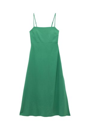 Vestido verde en línea A con tirantes delgados ajustables, un cuerpo ajustado y una falda fluida que llega hasta la mitad de la pantorrilla, hecho de una tela suave.