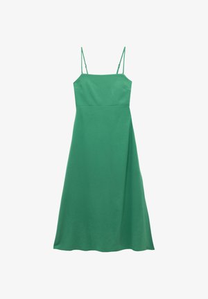 Groene A-lijn jurk met dunne verstelbare bandjes, een aansluitend lijfje en een vloeiende rok die tot halverwege de kuiten reikt, gemaakt van zachte stof.