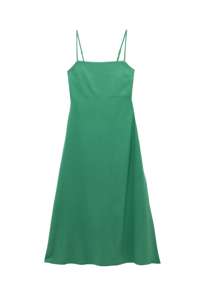 Vestido verde en línea A con tirantes delgados ajustables, un cuerpo ajustado y una falda fluida que llega hasta la mitad de la pantorrilla, hecho de una tela suave.