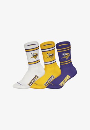 Three pairs of crew socks in white, yellow, and purple with Viking head logos and "VIKINGS" text on the foot.