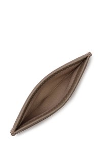 Brown leather pouch with a narrow, elongated shape. Interior features a smooth, light fabric lining. Zip closure at the top.