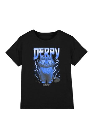 Black t-shirt featuring a blue cartoon cat graphic with the text "DERPY," surrounded by lightning-like accents on the front.
