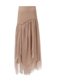 Falda asimétrica beige hecha de tejido ligero y translúcido, con acentos fruncidos y un diseño fluido, que presenta una cinturilla suave.