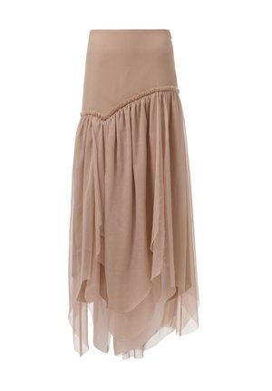 Beige asymmetrische rok van lichtgewicht, doorschijnende stof met geplooide accenten en een vloeiende vorm, met een soepele tailleband.