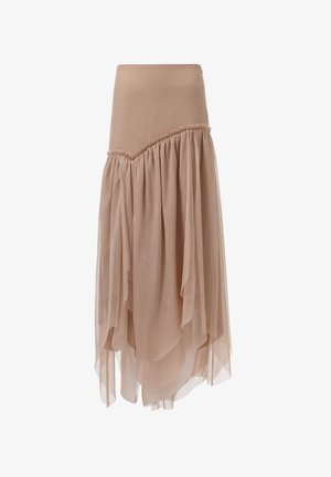 Beige asymmetrische rok van lichtgewicht, doorschijnende stof met geplooide accenten en een vloeiende vorm, met een soepele tailleband.