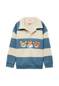 Striped pullover in blue and cream with a collar. Features animal face embroidery: tiger, fox, and bear. Made of soft fabric.
