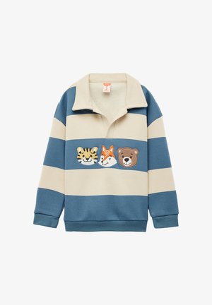 Pasiasty sweter w kolorach niebieskim i kremowym z kołnierzykiem. Ozdobiony haftowanymi buziami zwierząt: tygrysa, lisa i niedźwiedzia. Wykonany z miękkiego materiału.