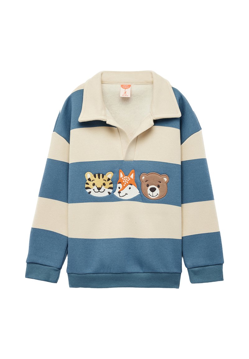 Striped pullover in blue and cream with a collar. Features animal face embroidery: tiger, fox, and bear. Made of soft fabric.