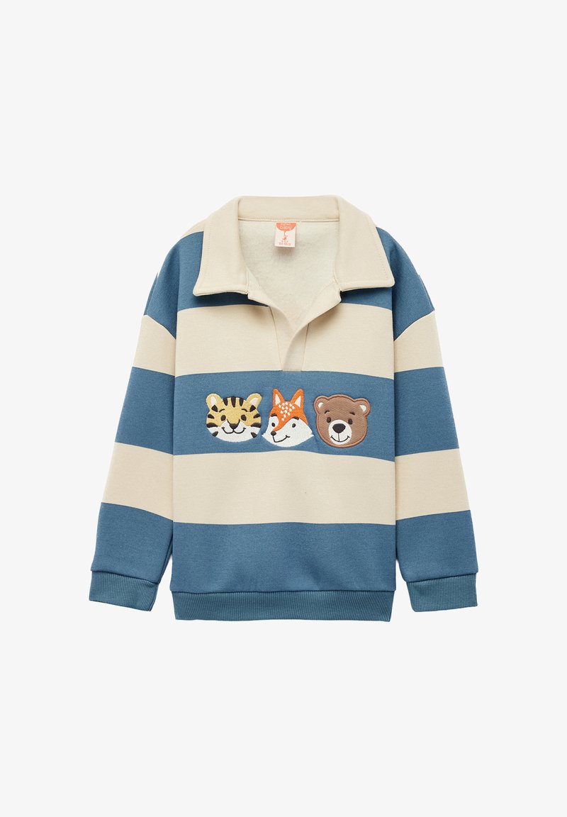 Striped pullover in blue and cream with a collar. Features animal face embroidery: tiger, fox, and bear. Made of soft fabric.