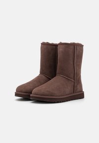 Bruine suède enkellaarsjes met zachte faux-fur voering, ronde neus en gestikte details. Platte rubberen zool voor grip. Eenvoudig, tijdloos ontwerp.