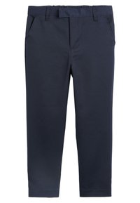 Marineblaue Stoffhose aus glattem Material, mit flachem Bund, zwei Seitentaschen und einem elastischen Bund für zusätzlichen Komfort.