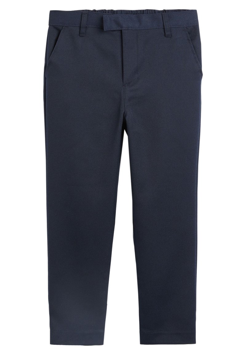 Marineblaue Stoffhose aus glattem Material, mit flachem Bund, zwei Seitentaschen und einem elastischen Bund für zusätzlichen Komfort.