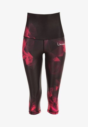 Leggings capri taille haute noirs avec un motif géométrique rouge. Fabriqués à partir de matériau extensible, avec des coutures lisses et un accent logo.