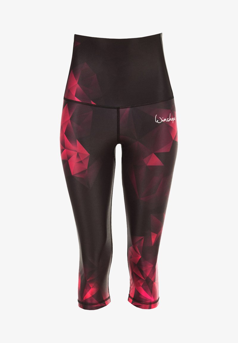 Leggings capri cu talie înaltă, de culoare neagră, cu un model geometric roșu. Făcute dintr-un material elastic, având cusături netede și un accent cu logo.