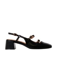 Chaussure en cuir noir à talon bas bloc, trois sangles réglables avec boucle et bout pointu, vue de profil.