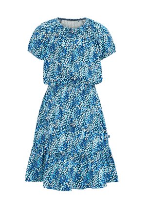 Robe bleu à manches courtes avec motif à pois blancs et bleu marine, encolure froncée, taille élastique et ourlet à volants, présentée sur fond blanc.