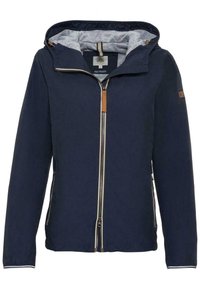 Veste à capuche bleu marine fabriquée à partir de matériaux recyclés, dotée d'une fermeture éclair à l'avant, d'une doublure intérieure contrastante et d'accents en cuir marron.