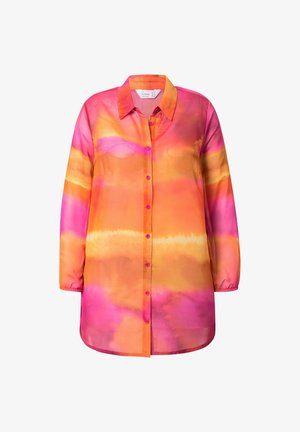 Leichte, durchsichtige Bluse in Pink-, Orange- und Gelbtönen. Lange Ärmel, durchgehende Knopfleiste und klassischer Kragen. Glatte Textur, keine Muster.