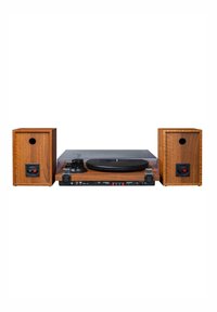 Platine en bois avec deux haut-parleurs assortis, comprenant un plateau noir, un panneau de contrôle minimaliste et un couvercle de protection transparent.