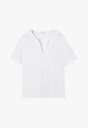 Haut blanc à manches courtes avec un décolleté en V, fabriqué en tissu lisse. Présente une coupe décontractée et des lignes épurées, sans motifs ni embellissements.