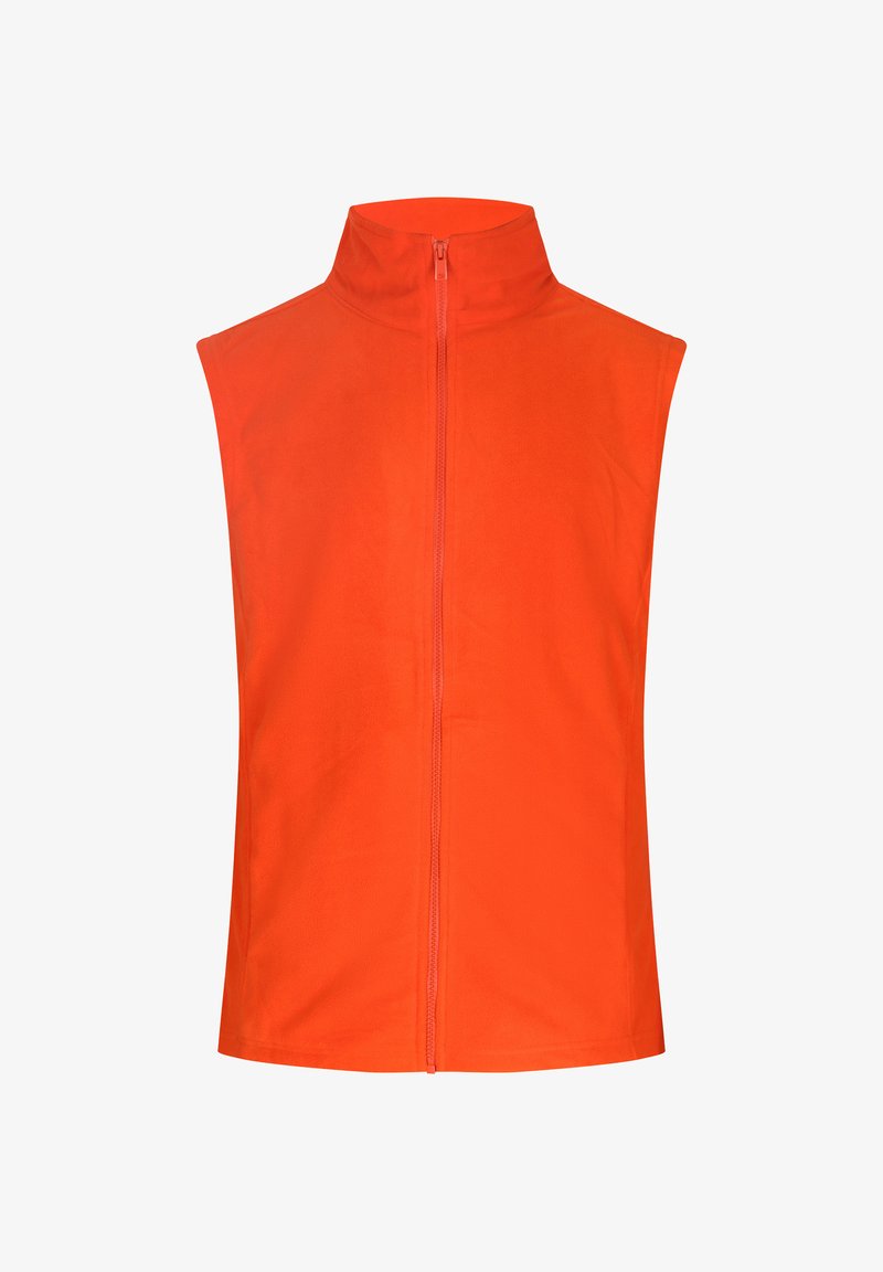 Oranje mouwloos vest van gladde stof, met een hoge kraag en een ritssluiting aan de voorkant. Strakke lijnen en geen zakken of versieringen.