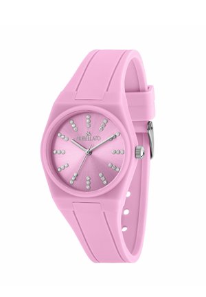 Orologio da polso in silicone rosa con quadrante rotondo, indici delle ore in cristallo, lancette argentate e logo Morellato sul quadrante.