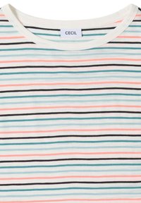 White crew neck shirt with thin horizontal stripes in black, light blue, and coral, with a visible brand label "CECIL" inside the collar.