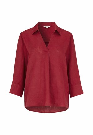 Rød hørbluse med trekvartlange ærmer, V-udskæring og afslappet pasform.