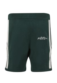 Shorts en maille vert foncé avec des bandes blanches sur les côtés et un petit texte blanc brodé sur l'avant de la cuisse droite.