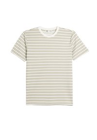 Gestreiftes T-Shirt in hellen Creme- und Grüntönen; verfügt über einen runden Ausschnitt und kurze Ärmel, mit horizontalen Streifen unterschiedlicher Breite.