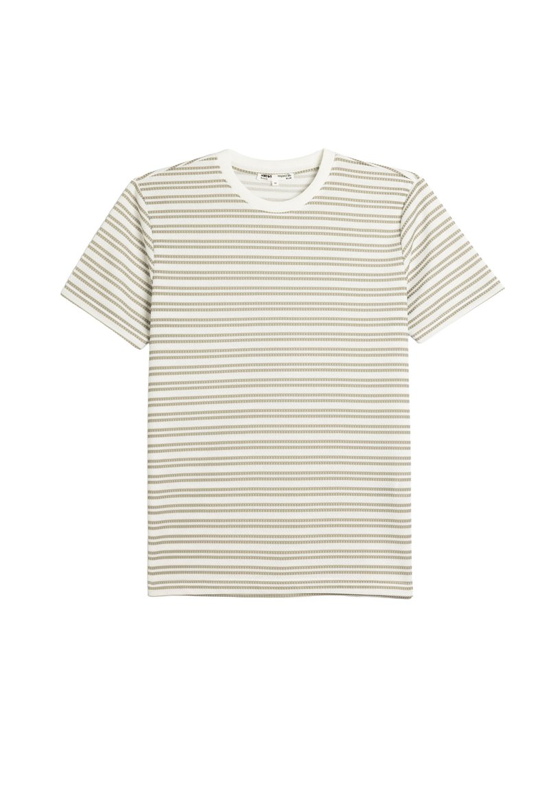 Gestreiftes T-Shirt in hellen Creme- und Grüntönen; verfügt über einen runden Ausschnitt und kurze Ärmel, mit horizontalen Streifen unterschiedlicher Breite.